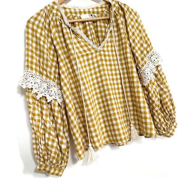 Anthropologie Everleigh Mustard Gingham Peasant Blouse Size XXS Petite Flowy - Picture 3 of 7